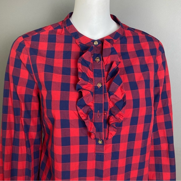 Draper Jane button up shirt 8 long sleeve plaid western ruffle navy blue red - Picture 2 of 10